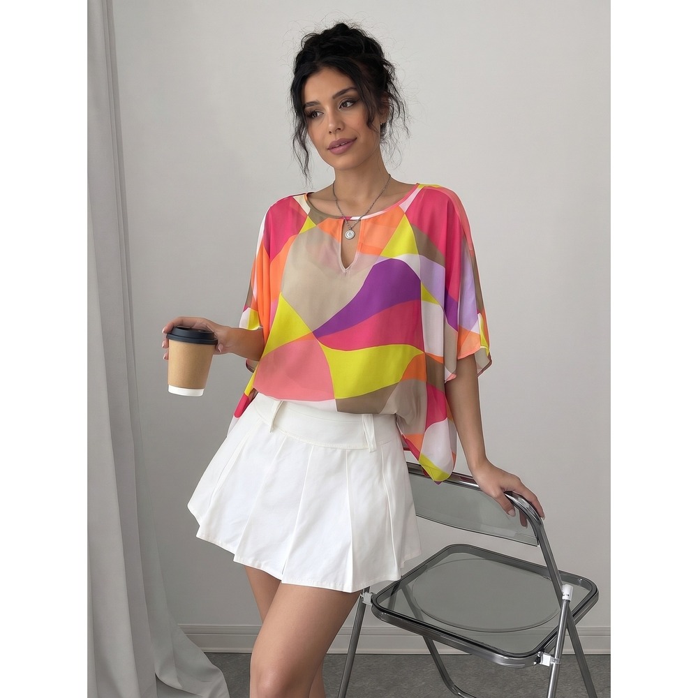 Trina Turk Womens Silk Geometric Abstract Kaftan Top Pink Orange‎ Yellow XS